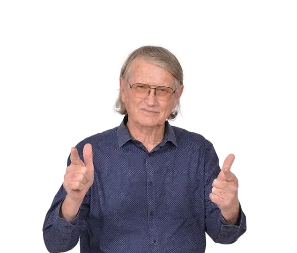 Rod Jones pointing towards the viewer with both hands