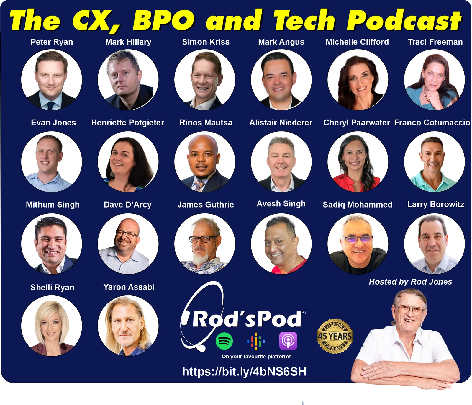 Rod’s Pod - The CX, BPO and Tech Podcast, hosted by Rod Jones, with portraits of guests